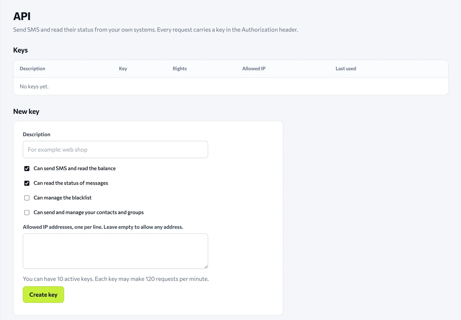 The API page of the panel: creating a key with rights and an optional IP restriction