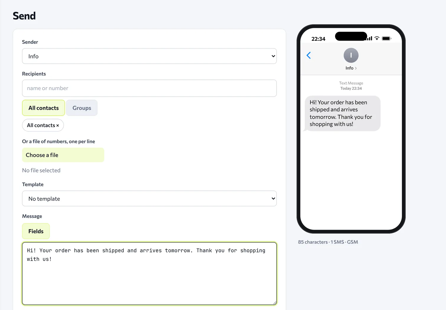 The Send page, with a phone preview of the message