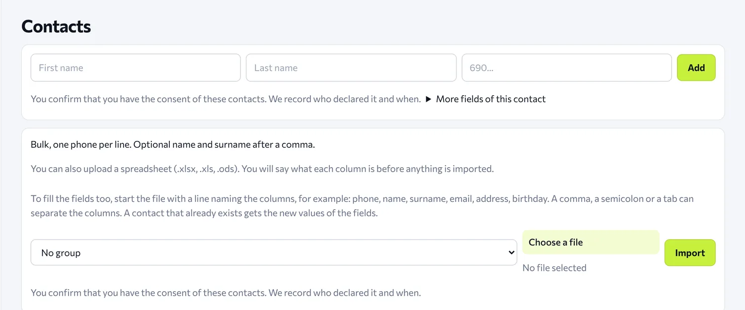 The Contacts page of the panel, with add contact and file import