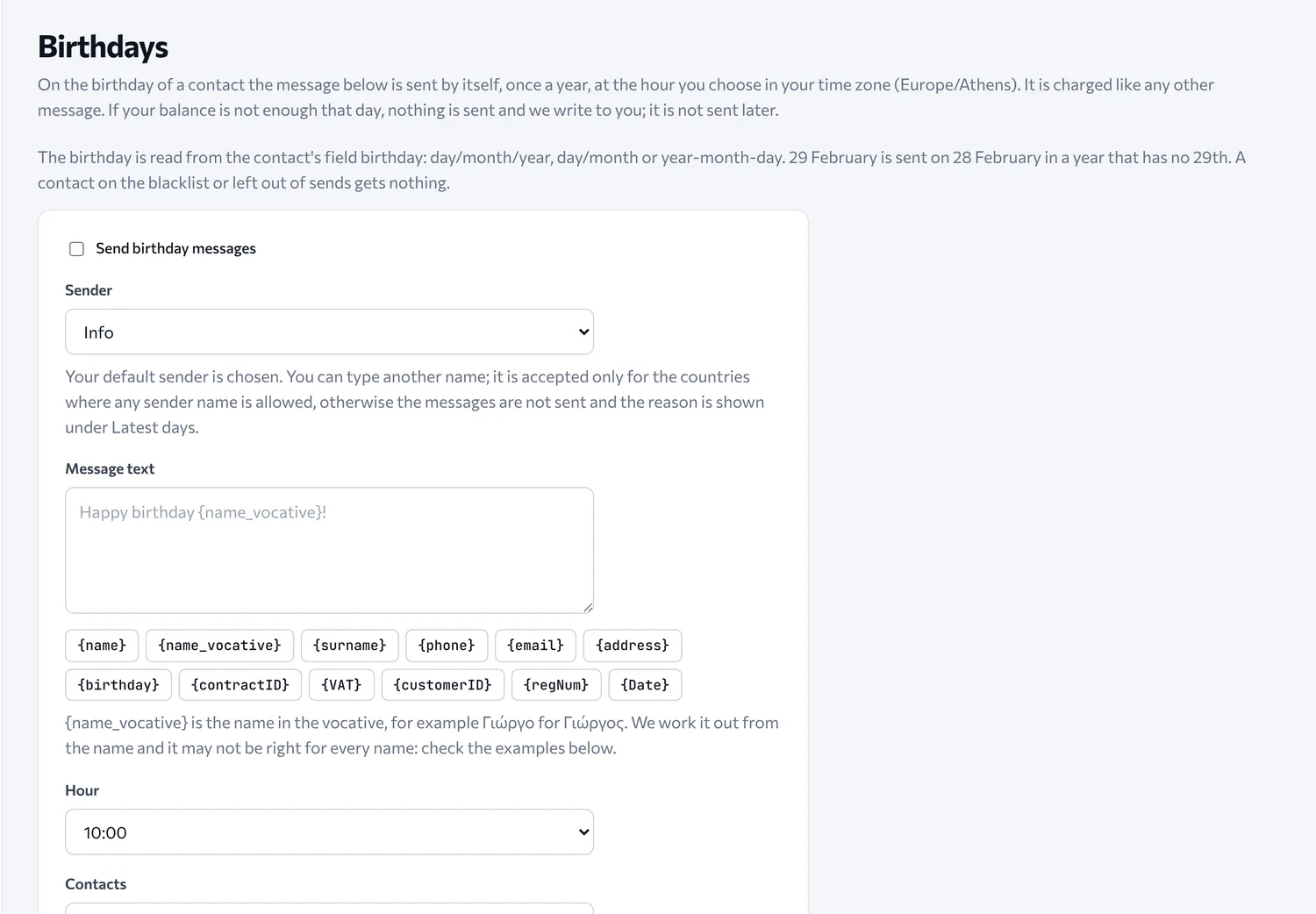Setting up automatic birthday messages