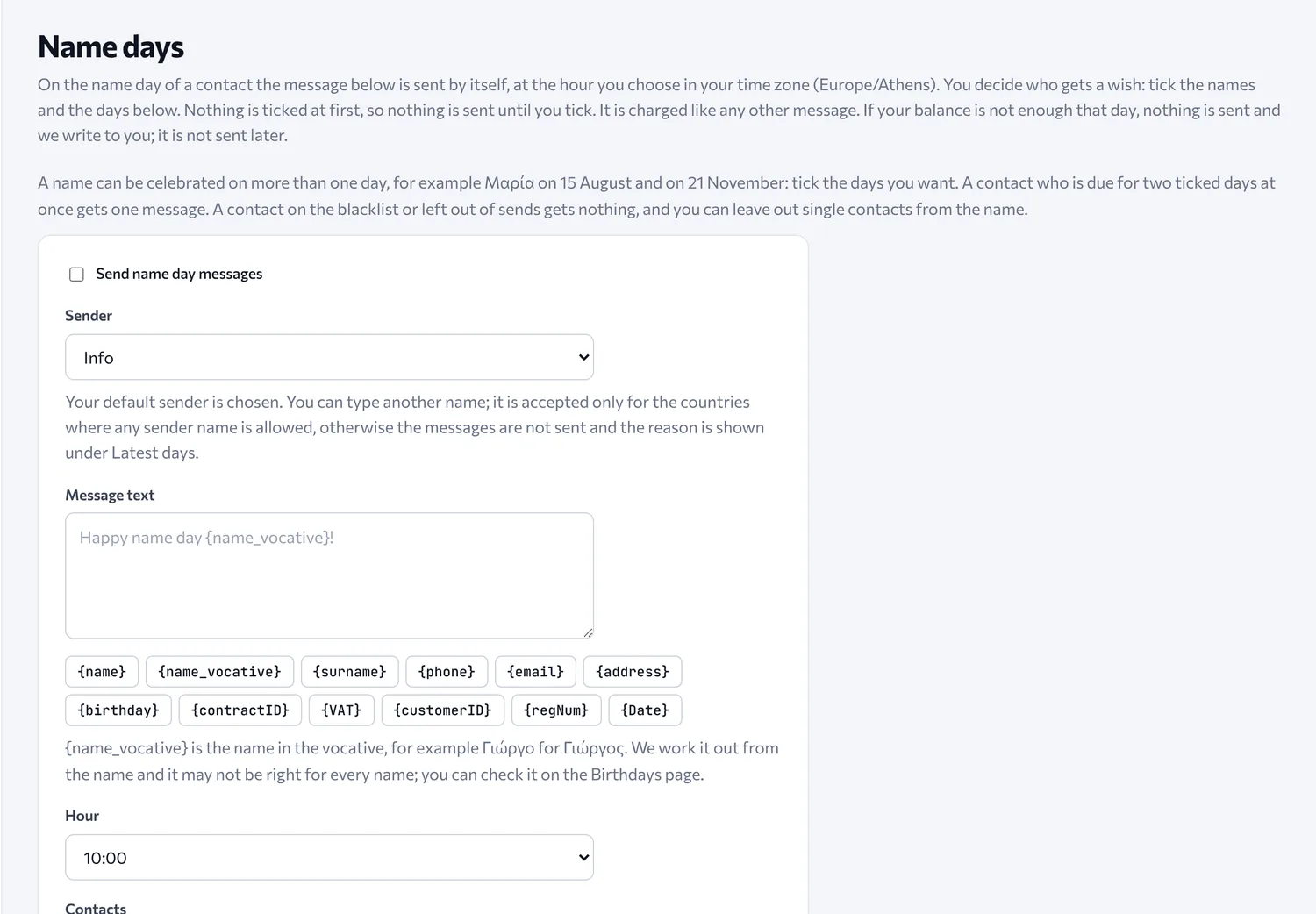 Setting up automatic name day messages