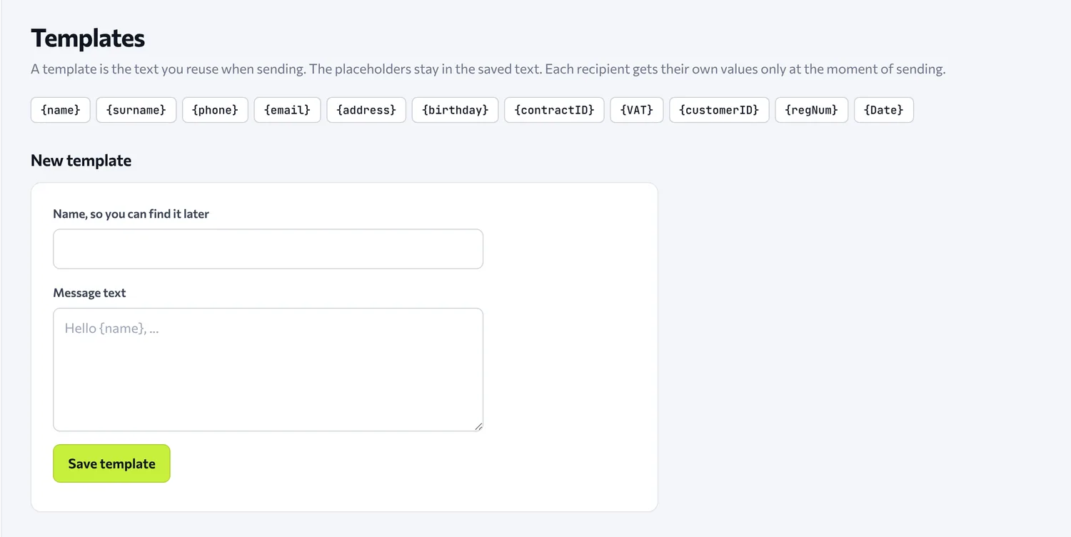 The Templates page, with the available fields